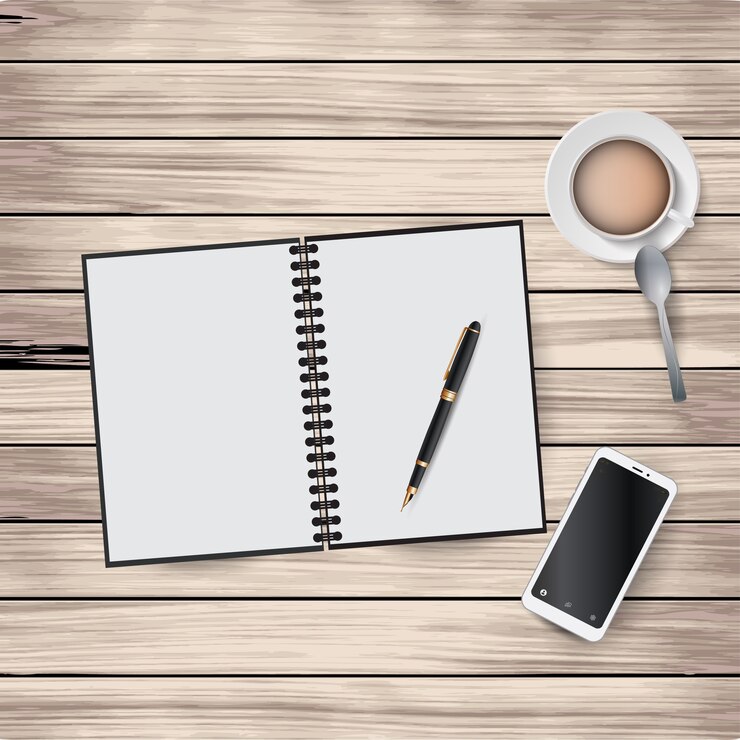 Vector  illustration of workplace elements on a wooden background. notepad, pen, coffee cup, spoon, smartphone. 