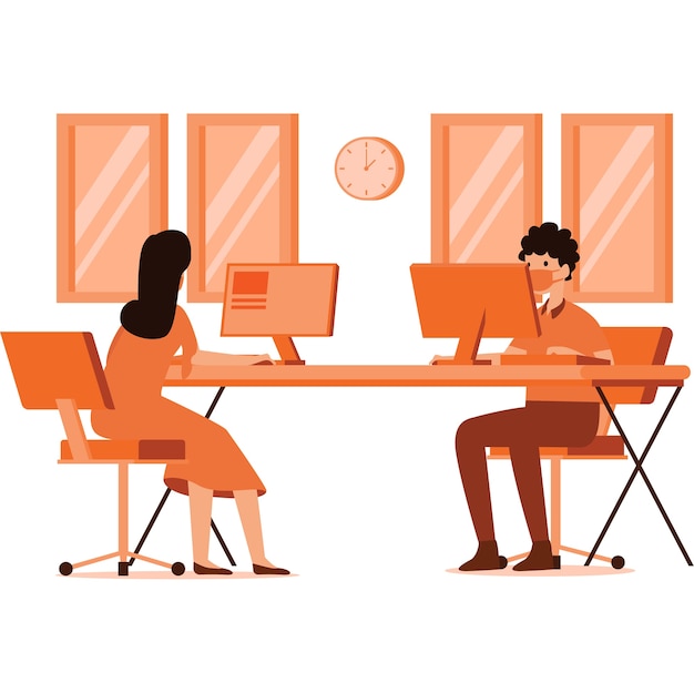 Vector illustration of workspace with social distancing measures