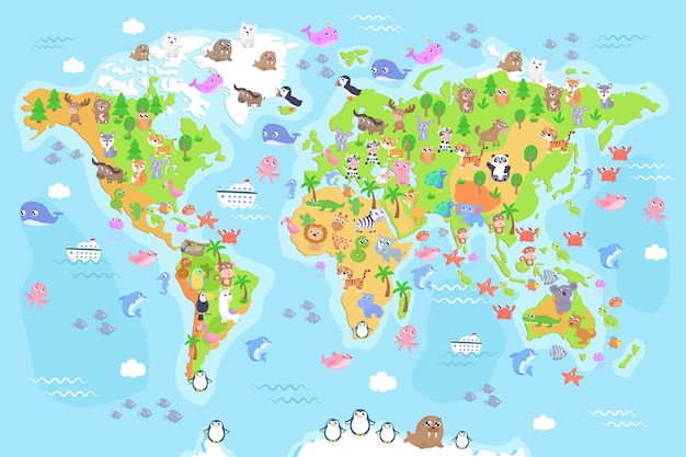 Vettore illustrazione della mappa del mondo con gli animali per i bambini. design piatto.