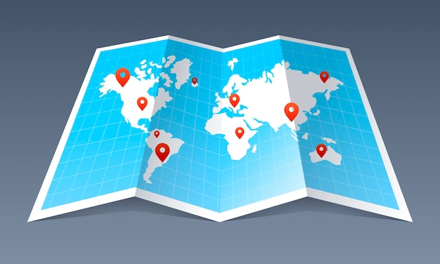 地理位置標識を持つ世界地図のイラスト 旅行地図 世界地図上の位置標識
