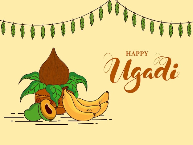 Illustration of worship pot kalash with fruits and mango leaves garland decorated on pastel yellow background for happy ugadi celebration concept