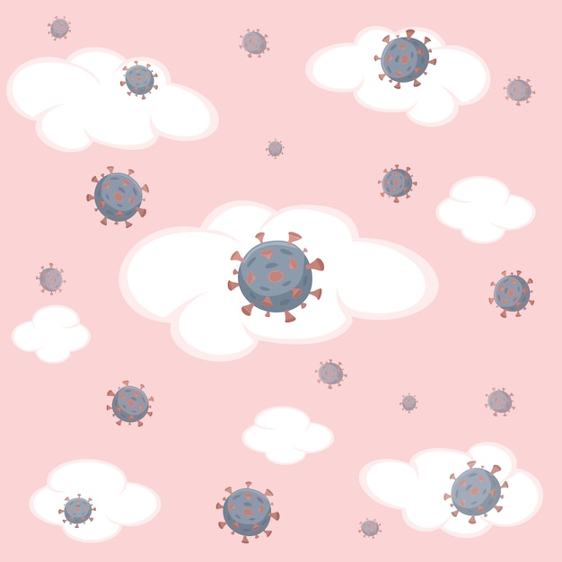 Illustration of Wuhan corona virus flying in pink sky background. Virus disease, infections. Coronavirus 2019 - nCoV China pathogen respiratory infection. Influenza pandemic.