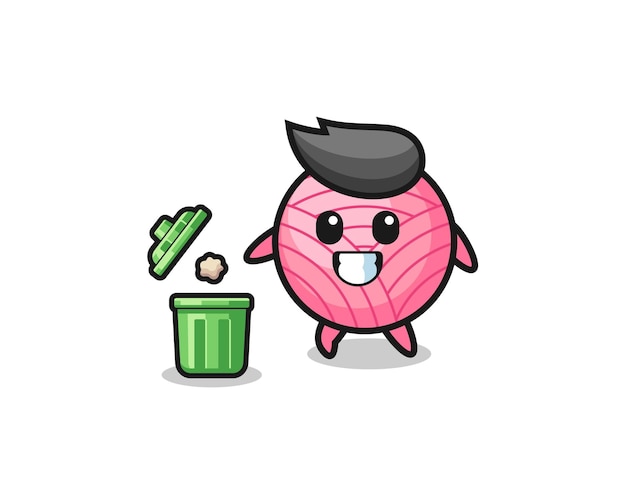 Illustration of the yarn ball throwing garbage in the trash can , cute design