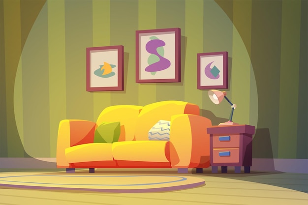 illustration of yellow color sofa in room at wall in classic interior cartoon design with shadows