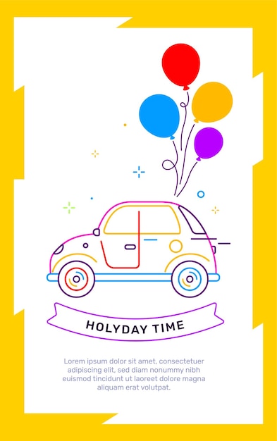 Illustration in yellow frame of retro car side view with bright bunch of color air balloon