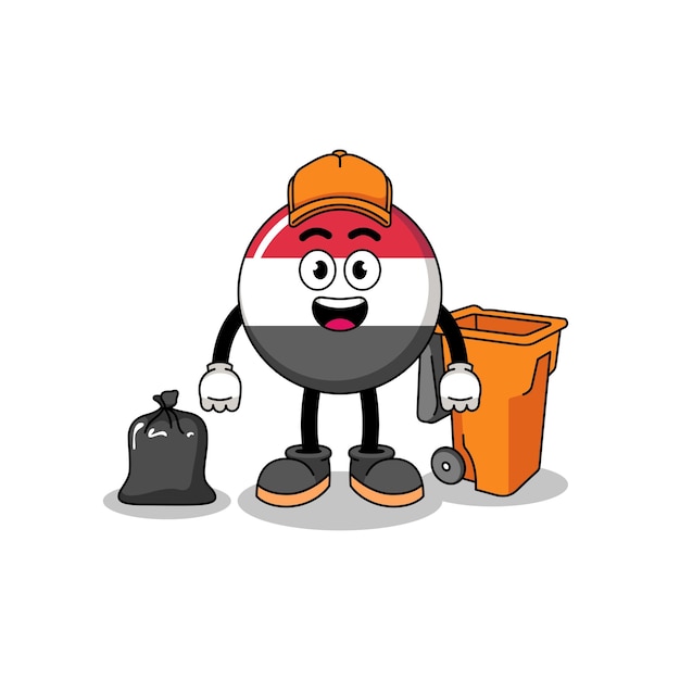 Vector illustration of yemen flag cartoon as a garbage collector