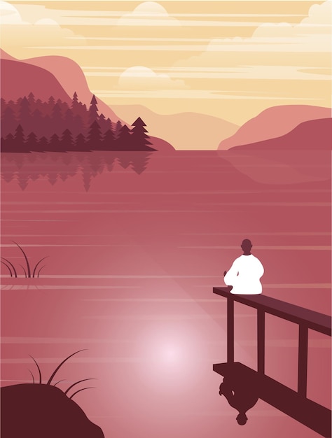 背景の湖の近くで自然の中で新鮮な空気で瞑想しているヨギのイラスト