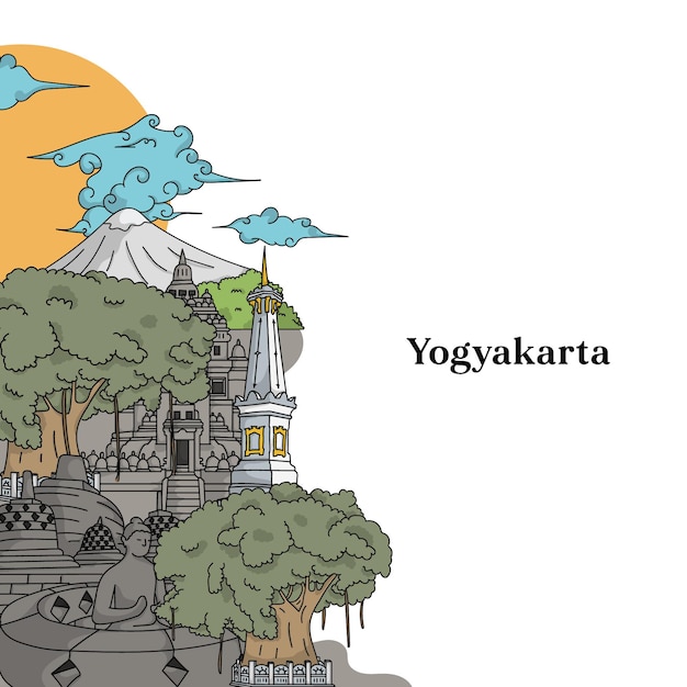 Illustration of Yogyakarta landmark Hand drawn Indonesian illustration Borobudur Prambanan temple