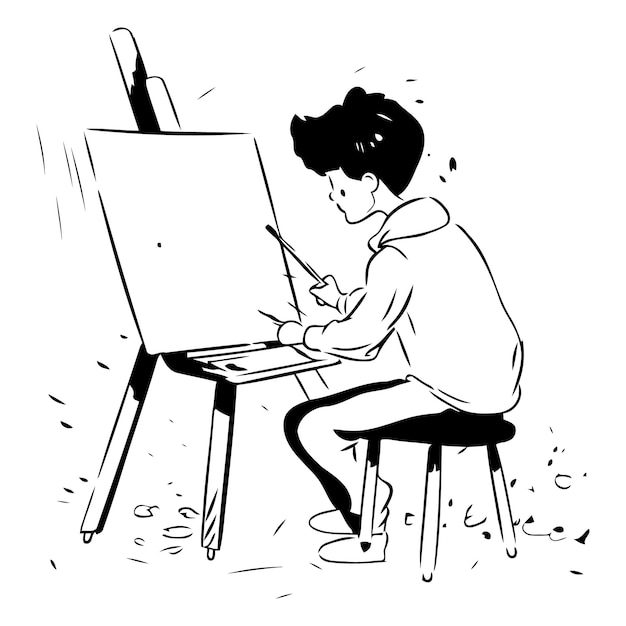 Vector illustration of a young artist painting a picture on easel