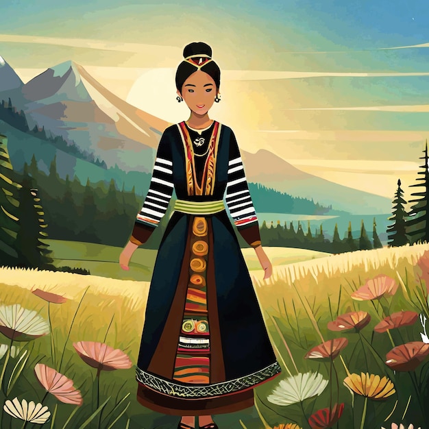 Vector illustration of young asian ethnic woman standing in a field dressed in traditional siberian clothing