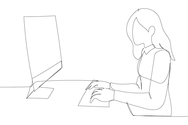 Illustration of young blond businesswoman working on computer inside the workplace One line art style