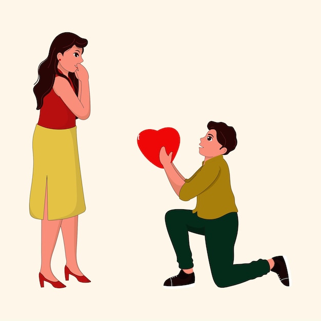 Illustration of young boy character proposing to girl on kneeling holding heart in hand on beige background