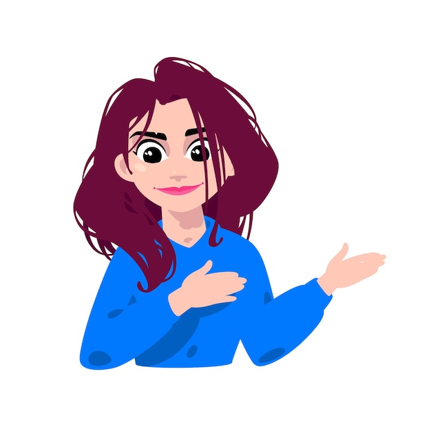 Illustration of a young brownhaired girl cartoon woman points to the left with her hands character for advertising and design bright image of a businesswoman profile avatar pointer for presentation