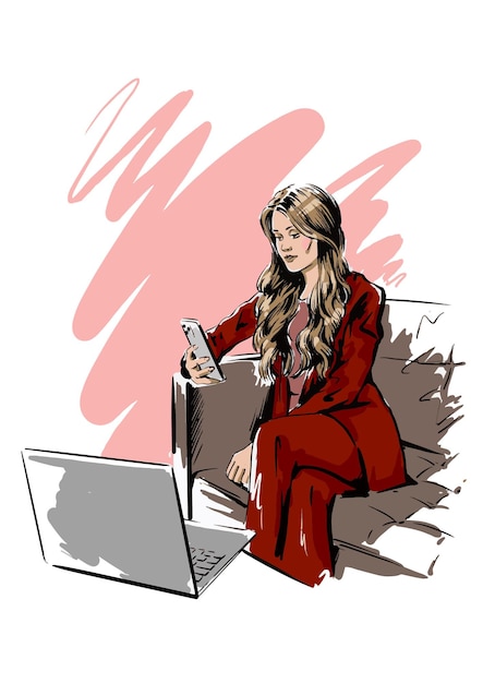 Vettore illustrazione di una giovane donna d'affari con un telefono