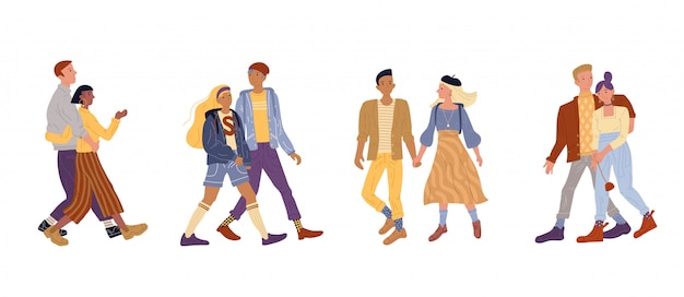 Vector illustration young couples walking park