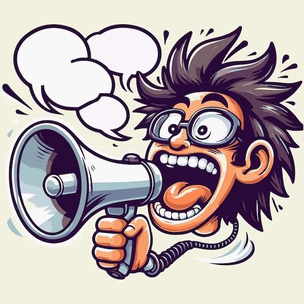 Vector illustration of a young crazy man shouting with a megaphone