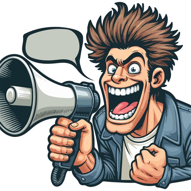 Vector illustration of a young crazy man shouting with a megaphone