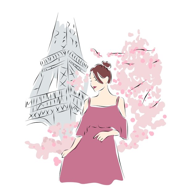 Vector illustration of young girl enjoying spring in paris