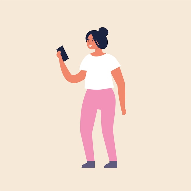 Иллюстрация молодая девушка стоя и с помощью мобильного устройства.