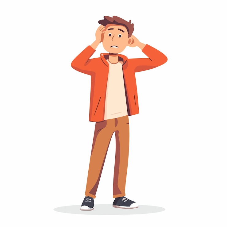 Vector illustration of young man in casual wear looking confused and scratching head