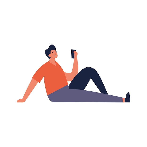  illustration young man standing and using mobile device.