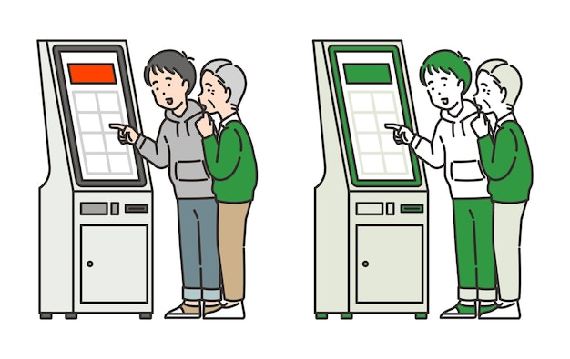 Illustration of a young man teaching old people how to use kiosks