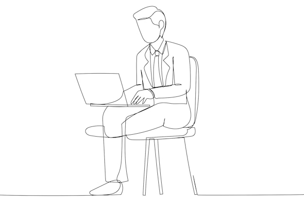 Illustration of young man using laptop indoors using computer and working on project Single line design style