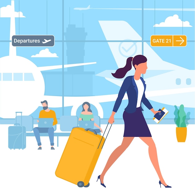 illustration of young man and women travellers at airport departure area