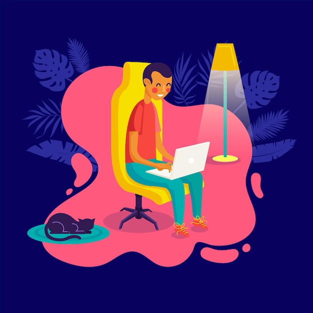 Vector illustration of young man working from home telework concept