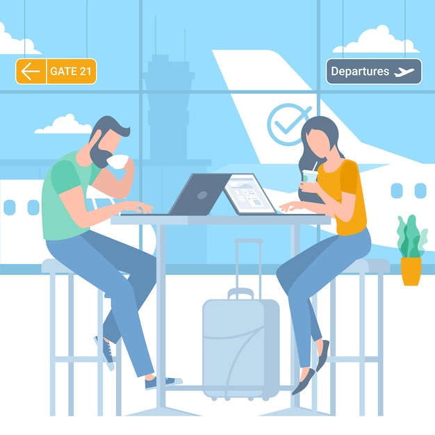 illustration of young men and women travellers at airport departure area waiting for flight