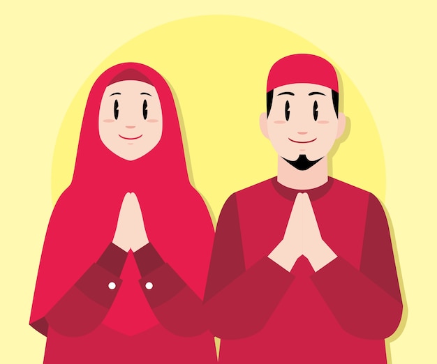 Vector illustration of young moslem couple flat design background