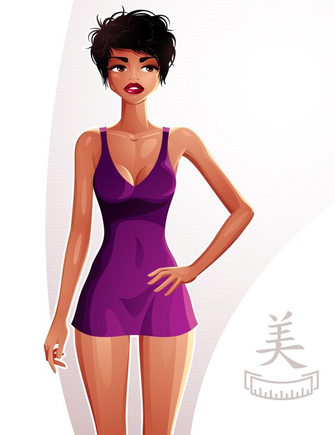 Vector illustration of a young pretty woman wearing an erotic nightie. full body portrait of a coquette lady, beautiful girl holding her hand on a waist.