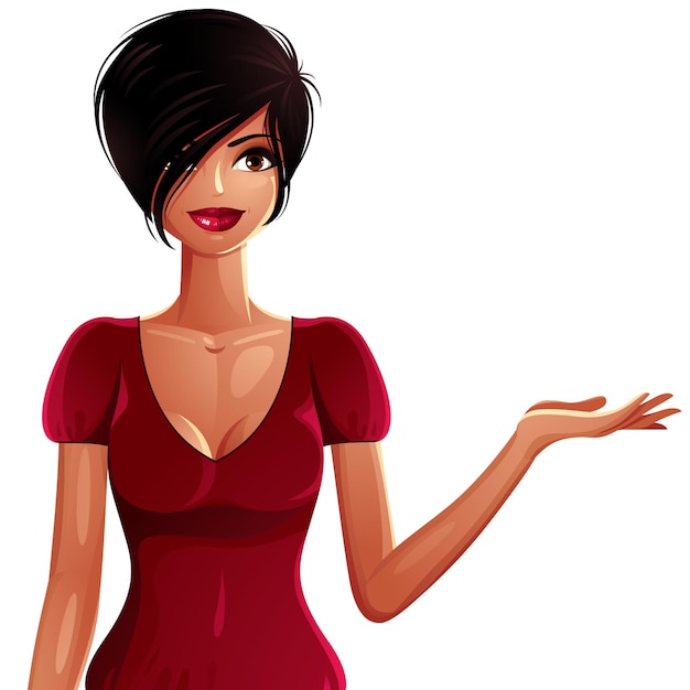 Illustration of a young pretty woman with a stylish haircut. colorful drawing of a coquette lady, tanned girl showing some empty copy space with her hand, business presentation theme.