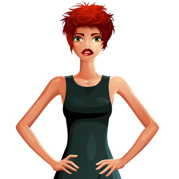 Illustration of a young pretty woman with a stylish haircut. Colorful drawing of a coquette red-haired lady, Caucasian girl holding her hands on a waist.