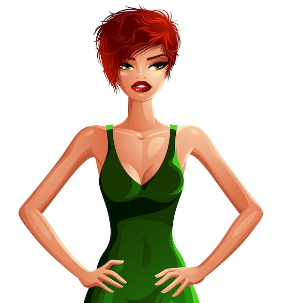 Illustration of a young pretty woman with a stylish haircut. Colorful drawing of a coquette red-haired lady, Caucasian girl wearing a fashionable green dress and holding her hands on a waist.