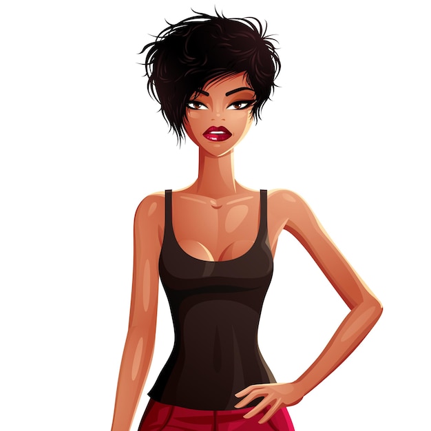 Vector illustration of a young pretty woman with a stylish haircut holding her hand on a waist. colorful drawing of a coquette lady, tanned girl.