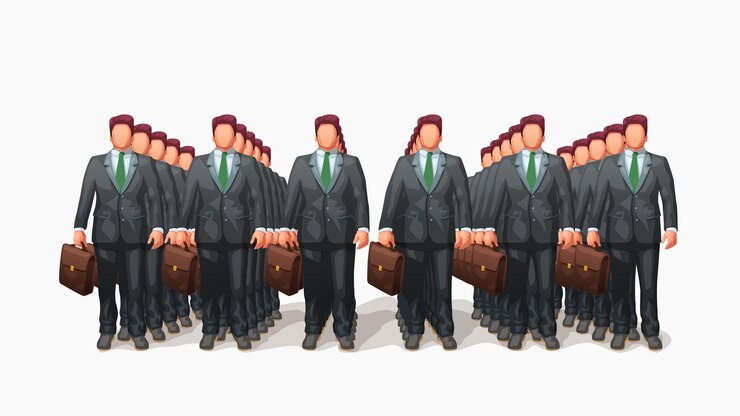 Vector illustration of young professional businessmen clone army stand on white backdrop with some shadow