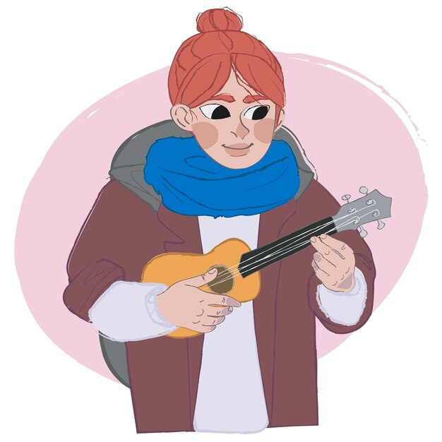 Illustration of a young redhaired girl with a small ukulele guitar