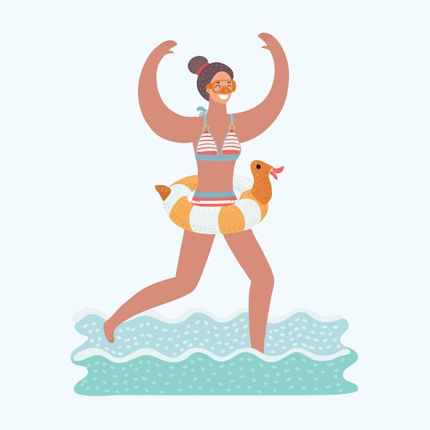 Illustration of young rejoice woman running in sea water with diving mask on her face and diving tube in his hand. rubber duck inflatable ring on her waist