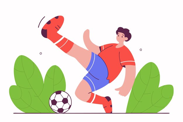 白い背景でボールを撃つ若いサッカー選手のイラスト