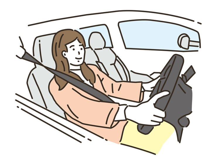 Vector カジュアルな服を着て笑顔で車を運転する若い女性のイラスト
