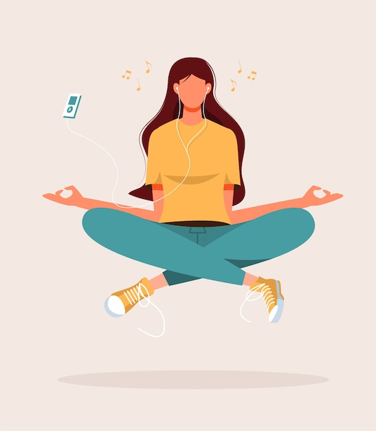 Vector illustration of young woman doing yoga, meditation, relax, recreation, healthy lifestyle