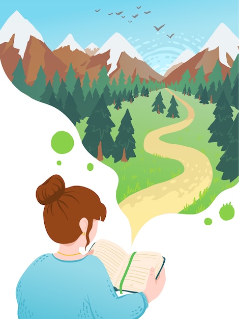 illustration of young woman reading book, dreaming. Motivational literature fan.