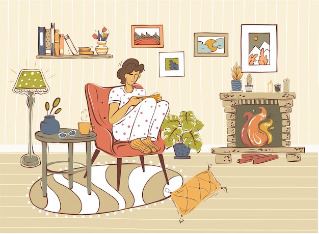 Illustrazione di una giovane donna seduta su un comodo divano e leggere un libro in una stanza arredata in stile scandinavo alla moda. hygge.