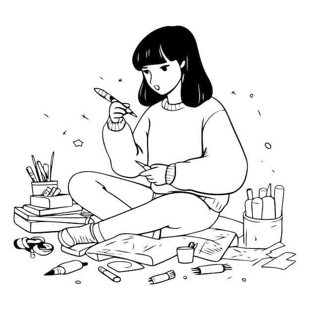 Vector illustration of a young woman sitting on the floor and doing her homework