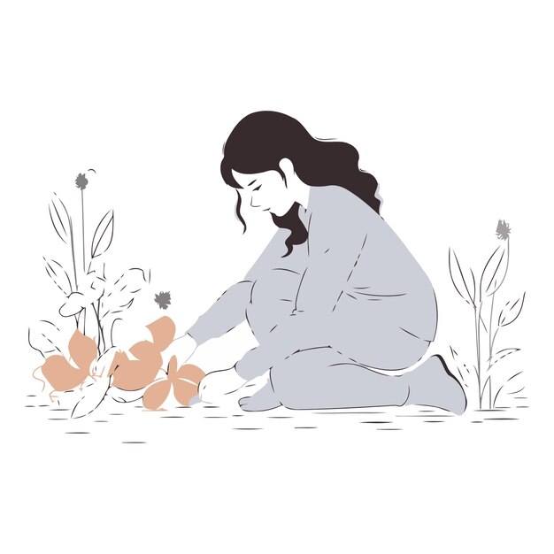 Vector illustration of a young woman sitting on the floor and watering plants