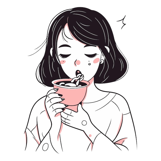 Illustration of a young woman with a cup of hot chocolate