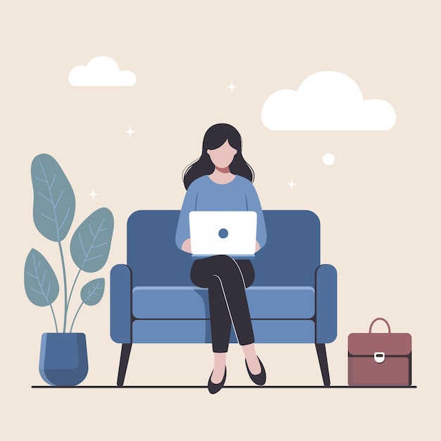 Vector illustration of a young woman working with laptop flat style vector illustration