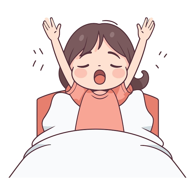 Vector illustration of a young woman yawning while lying in bed