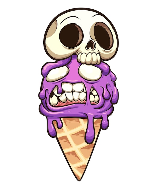 Illustration of a zombie ice cream with a skull on top of it